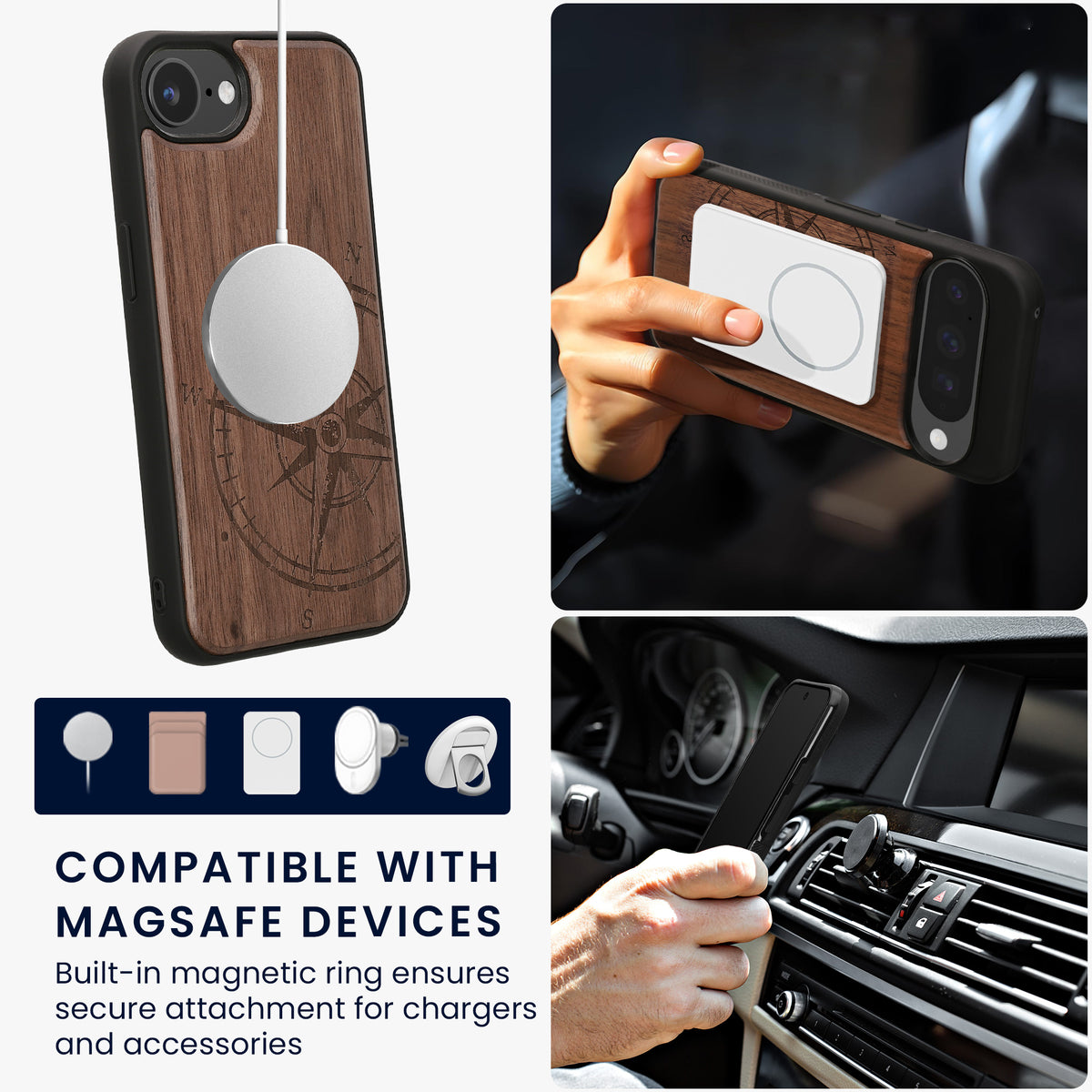 iPhone 16e Holz Handyhülle mit MagSafe Kompass Vintage KWM0000235L001C