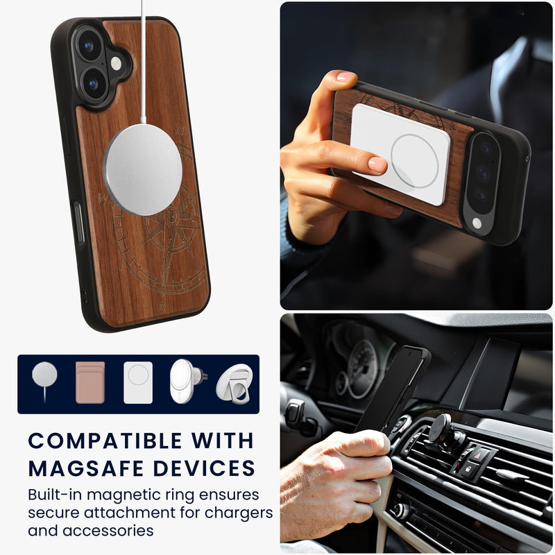 iPhone 16 Holz Handyhülle mit MagSafe Kompass Vintage KWM0000235M001C