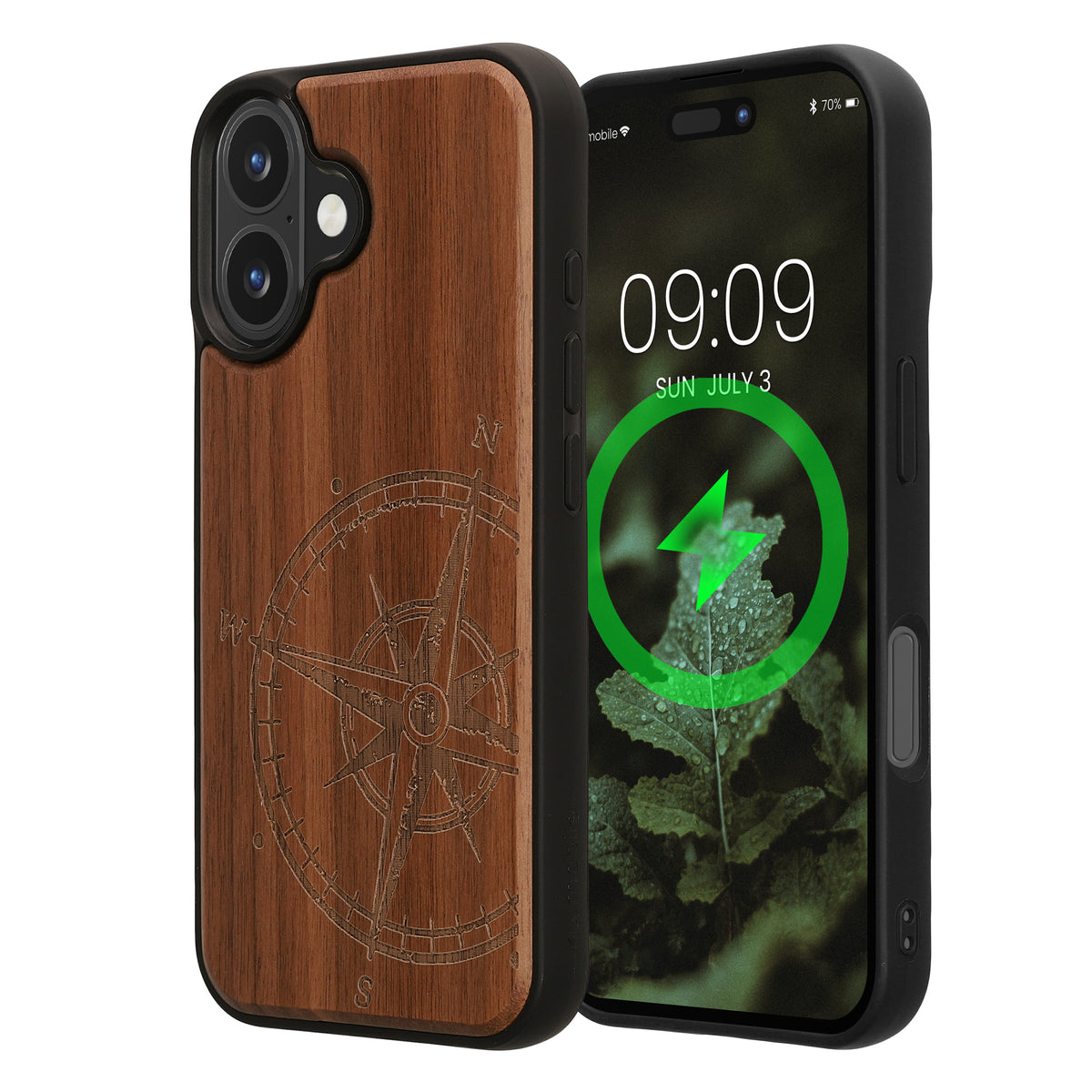iPhone 16 Holz Handyhülle mit MagSafe Kompass Vintage Dunkelbraun