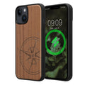 iPhone 14 Holz Handyhülle mit MagSafe Kompass Vintage Dunkelbraun