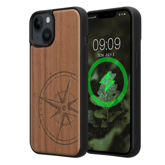 iPhone 14 Holz Handyhülle mit MagSafe Kompass Vintage Dunkelbraun