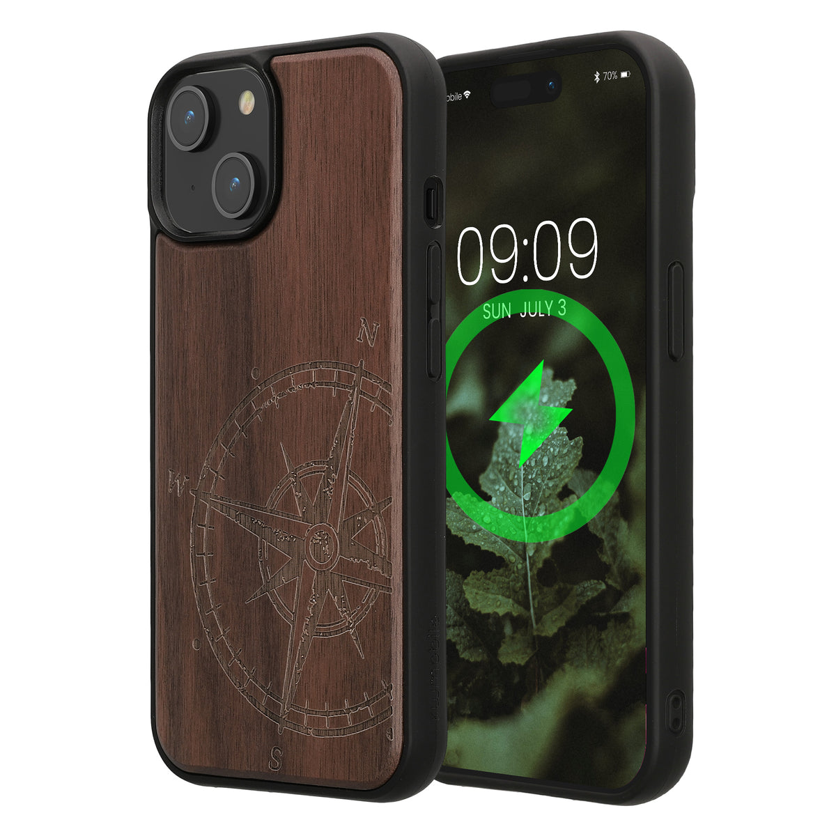 iPhone 15 Holz Handyhülle mit MagSafe Kompass Vintage Dunkelbraun
