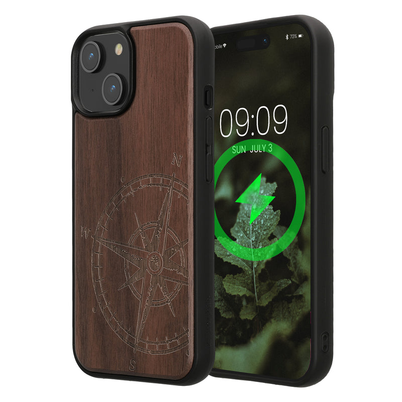 iPhone 15 Holz Handyhülle mit MagSafe Kompass Vintage Dunkelbraun