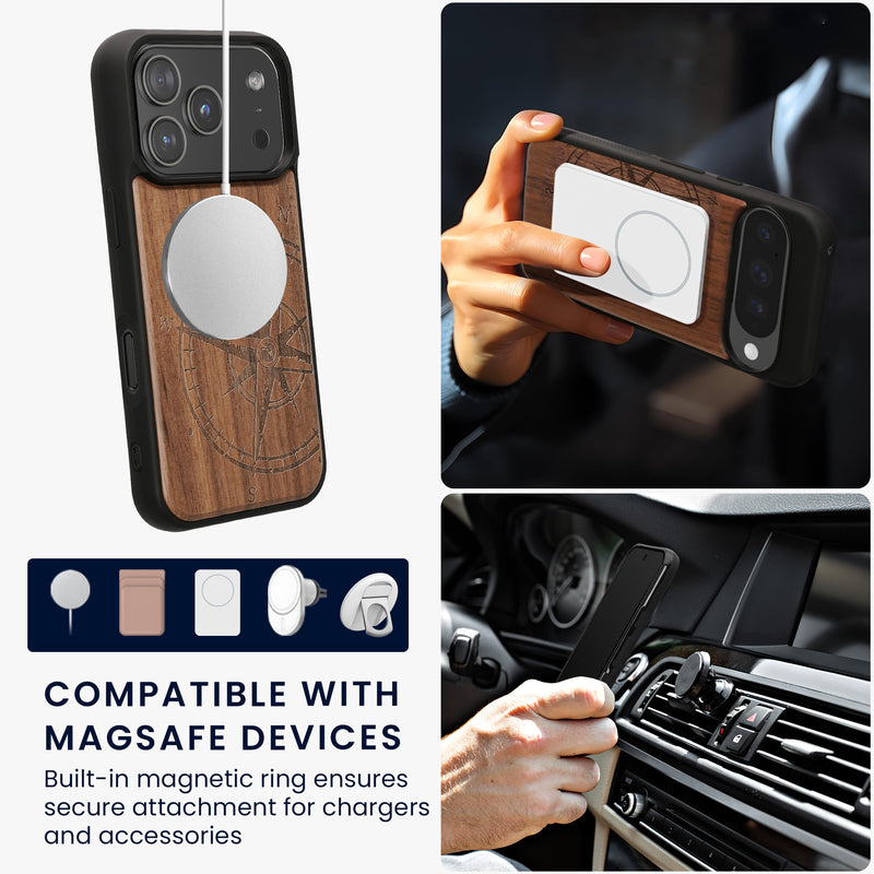 iPhone 18 Pro / iPhone 17 Pro Holz Handyhülle mit MagSafe Kompass Vintage KWM0000235P001C