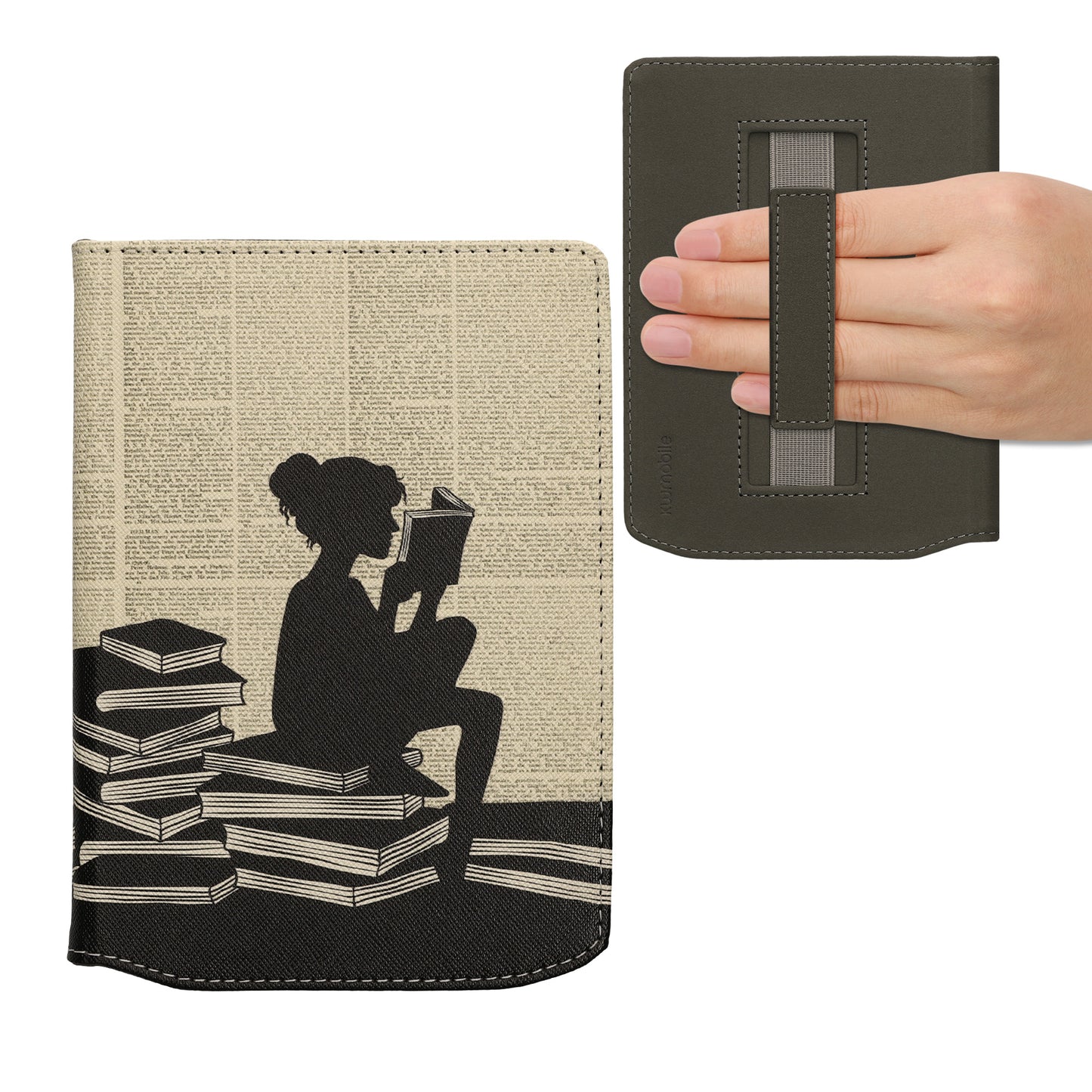 kwmobile Schutzhülle für Pocketbook Verse / Verse Lite / Verse Pro / Color / Vivlio Light/Light HD Hülle - eReader Flip Case mit Handschlaufe und Auto Sleep Funktion - Lesende Frau mit Schwarz Beige Schwarz  [dsg02]