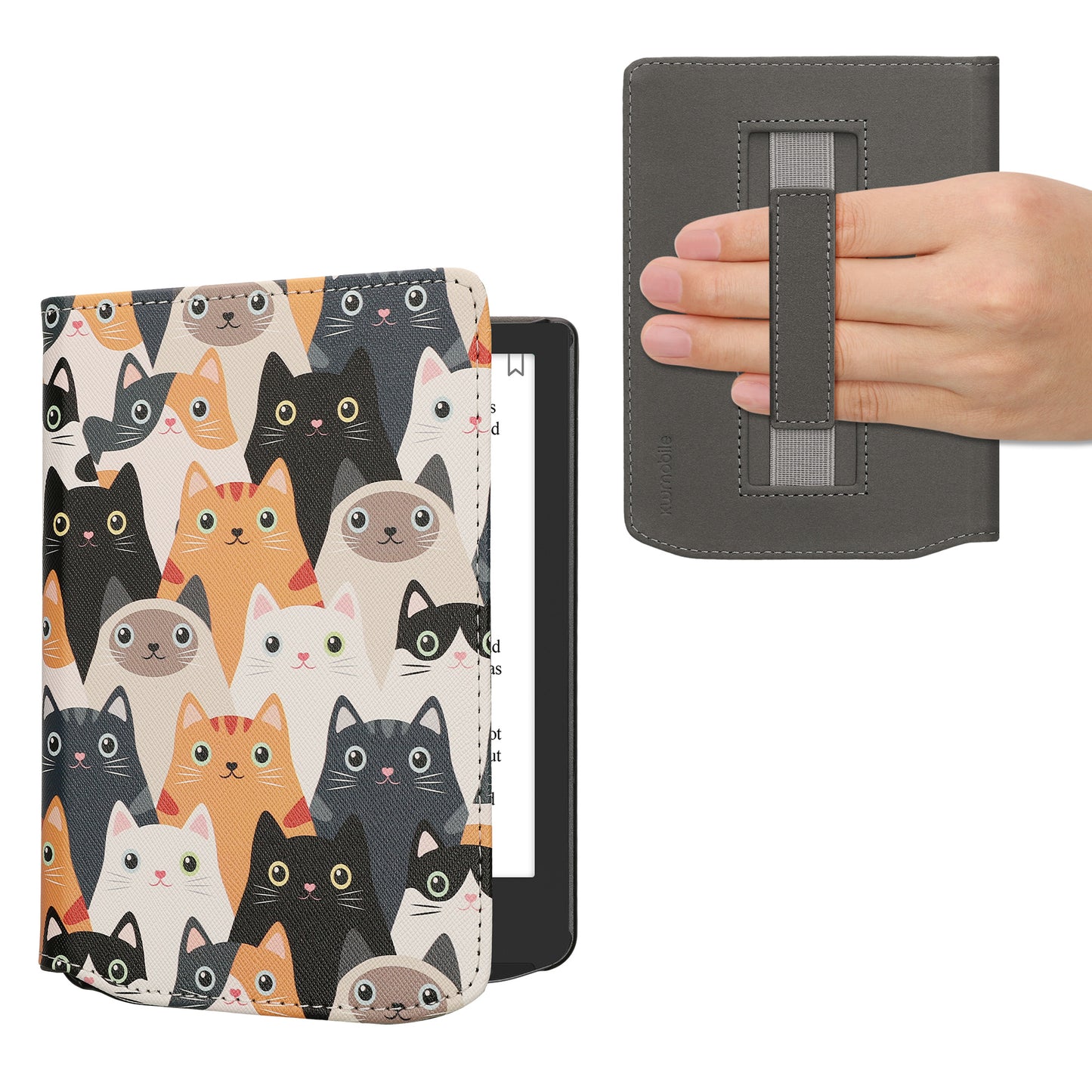 kwmobile Schutzhülle für Pocketbook Verse / Verse Lite / Verse Pro / Color / Vivlio Light/Light HD Hülle - eReader Flip Case mit Handschlaufe und Auto Sleep Funktion - Katzen mit Orange Schwarz Weiß Orange  [dsg03]