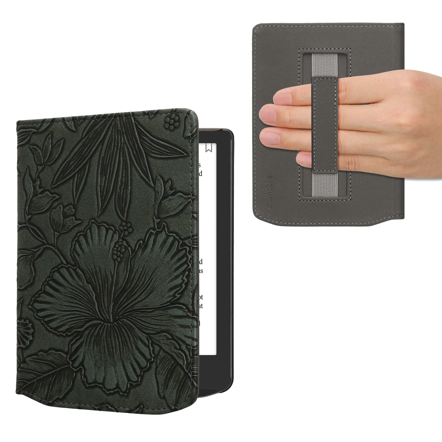 kwmobile Schutzhülle für Pocketbook Verse / Verse Lite / Verse Pro / Color / Vivlio Light/Light HD Hülle - eReader Flip Case mit Handschlaufe und Auto Sleep Funktion - Blumen im grünen Relief mit Grün Grün  [dsg04]