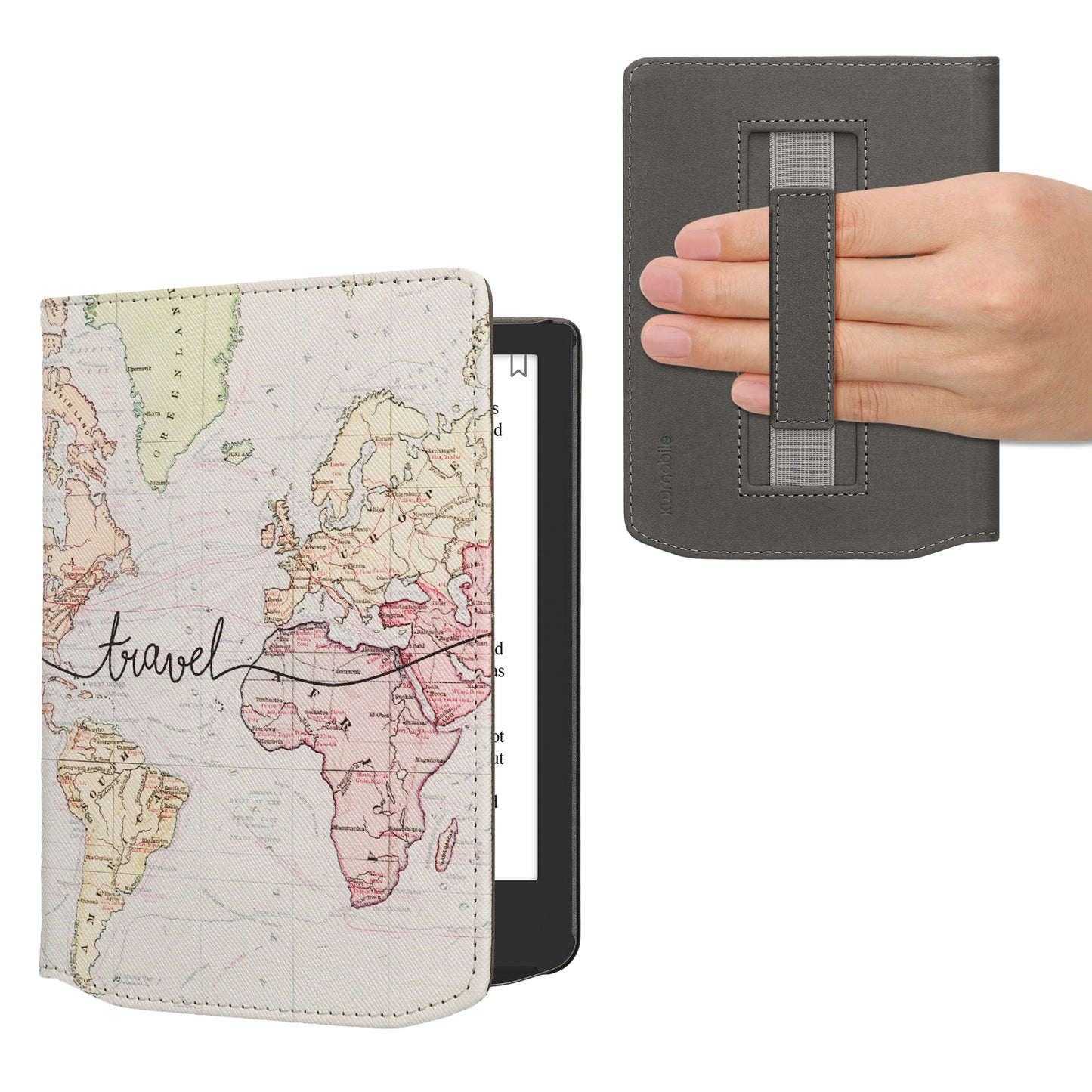 kwmobile Schutzhülle für Pocketbook Verse / Verse Lite / Verse Pro / Color / Vivlio Light/Light HD Hülle - eReader Flip Case mit Handschlaufe und Auto Sleep Funktion - Travel Schriftzug mit Schwarz Mehrfarbig Schwarz  [dsg05]