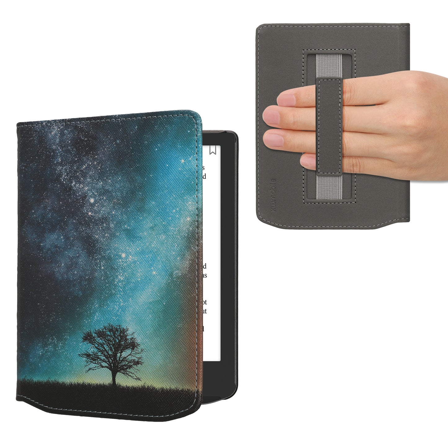 kwmobile Schutzhülle für Pocketbook Verse / Verse Lite / Verse Pro / Color / Vivlio Light/Light HD - eReader Flip Case mit Handschlaufe und Auto Sleep - Galaxie Baum Wiese mit Blau Grau Schwarz Blau  [dsg06]