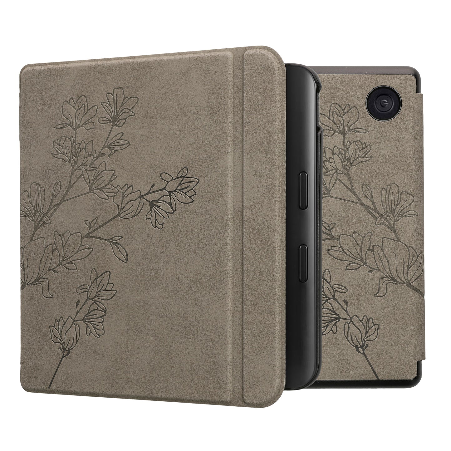 kwmobile Schutzhülle für Kobo Kobo Libra Colour / Tolino Vision Color Hülle - eReader Case aus Kunstleder mit Auto Sleep Funktion - Magnolien mit Grau Grau  [dsg03]