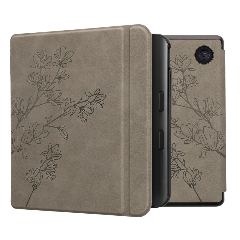 kwmobile Schutzhülle für Kobo Kobo Libra Colour / Tolino Vision Color Hülle - eReader Case aus Kunstleder mit Auto Sleep Funktion - Magnolien mit Grau Grau  [dsg03]