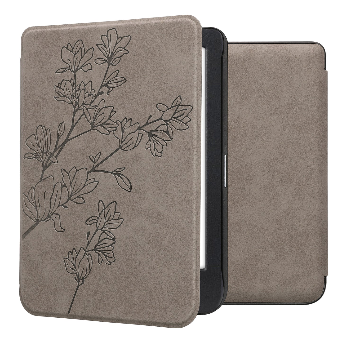kwmobile Schutzhülle für Kobo Clara BW / Clara Colour / Tolino Shine (5) / Shine Color Hülle - eReader Case aus Kunstleder mit Auto Sleep Funktion - Magnolien mit Grau Grau  [dsg07]