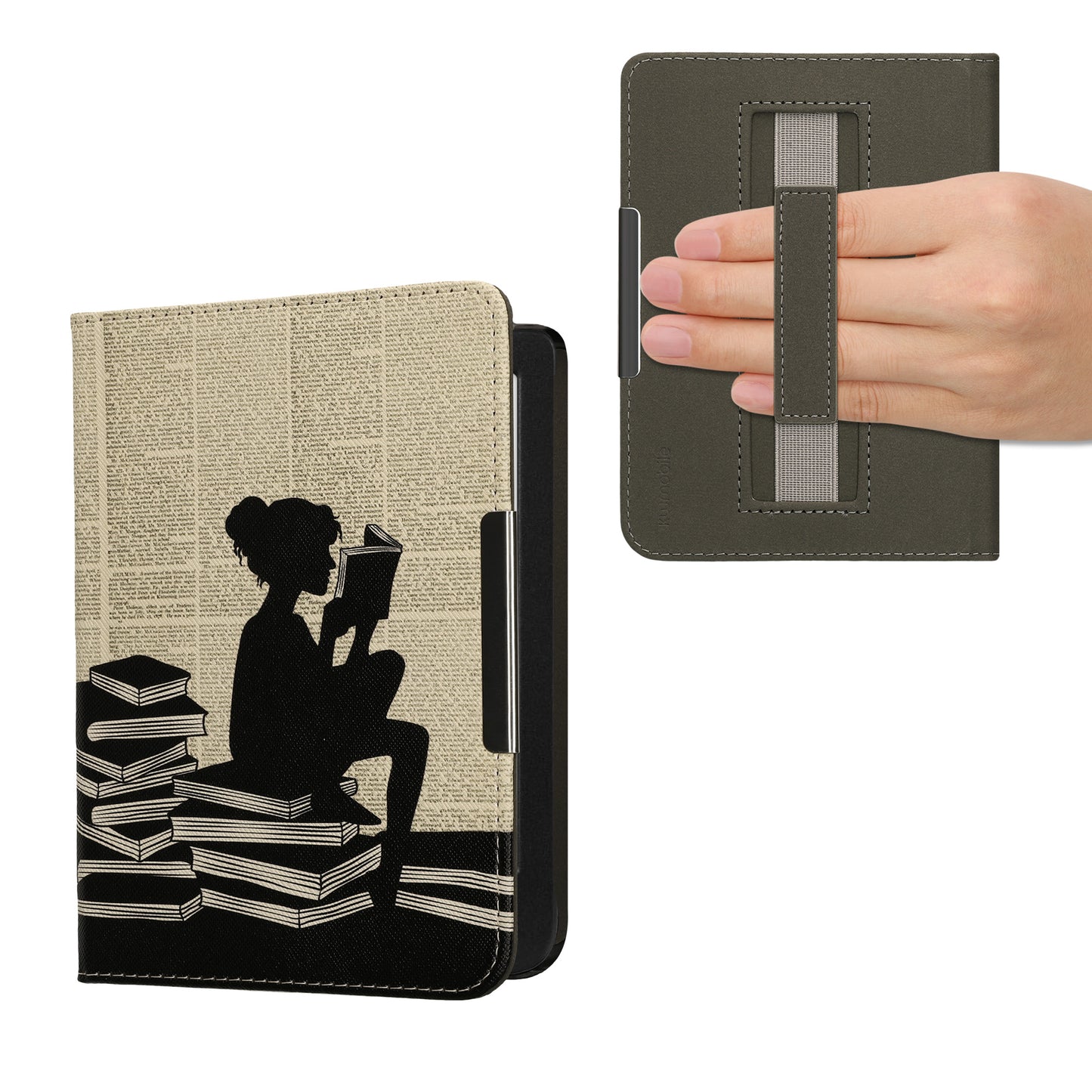 kwmobile Schutzhülle für Kobo Clara BW / Clara Colour / Tolino Shine (5) / Shine Color Hülle - eReader Flip Case mit Handschlaufe und Auto Sleep Funktion - Lesende Frau mit Schwarz Beige Schwarz  [dsg01]