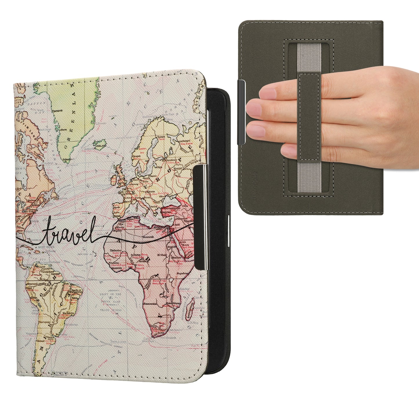 kwmobile Schutzhülle für Kobo Clara BW / Clara Colour / Tolino Shine (5) / Shine Color Hülle - eReader Flip Case mit Handschlaufe und Auto Sleep Funktion - Travel Schriftzug mit Schwarz Mehrfarbig Schwarz  [dsg03]
