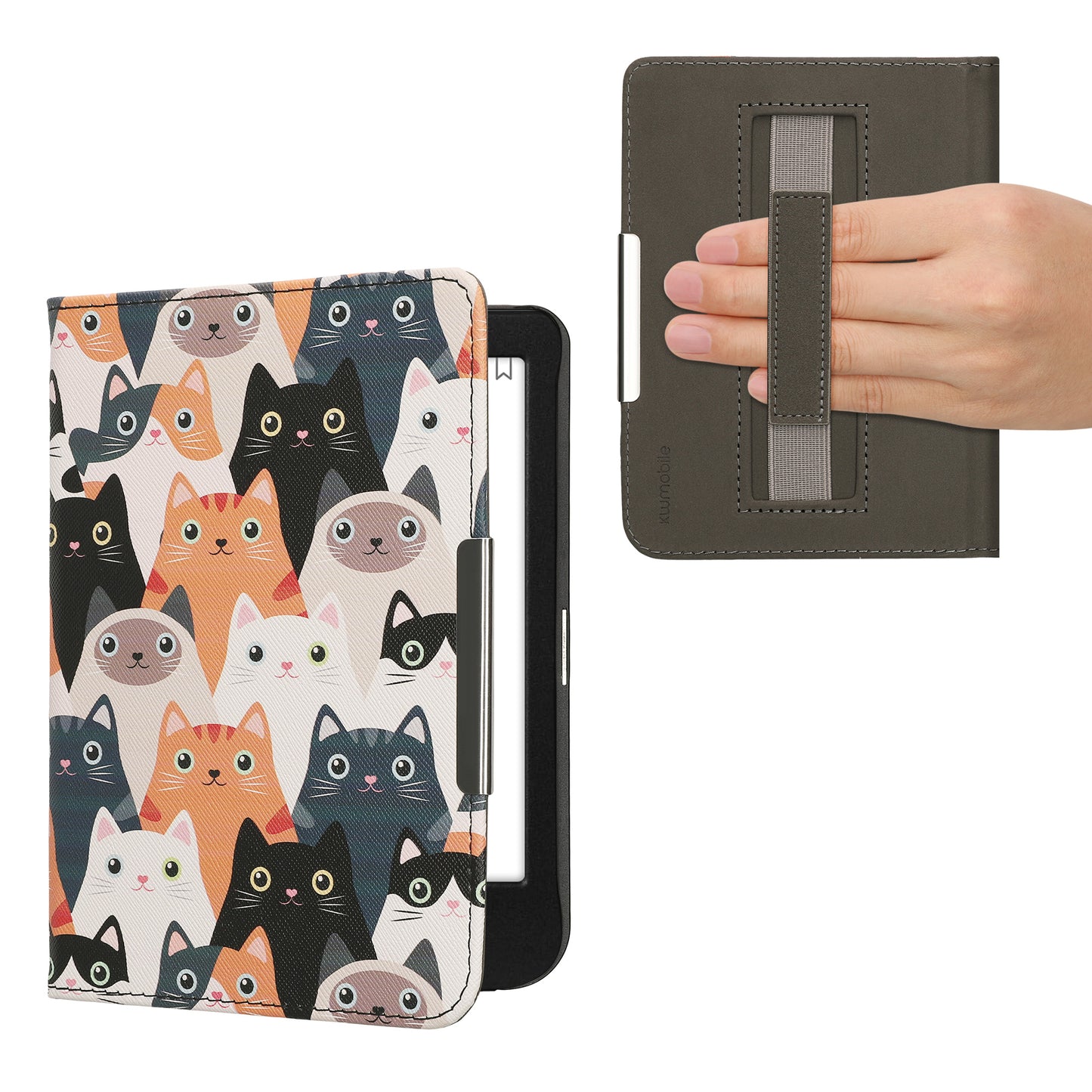 kwmobile Schutzhülle für Kobo Clara BW / Clara Colour / Tolino Shine (5) / Shine Color Hülle - eReader Flip Case mit Handschlaufe und Auto Sleep Funktion - Katzen mit Orange Schwarz Weiß Orange  [dsg04]