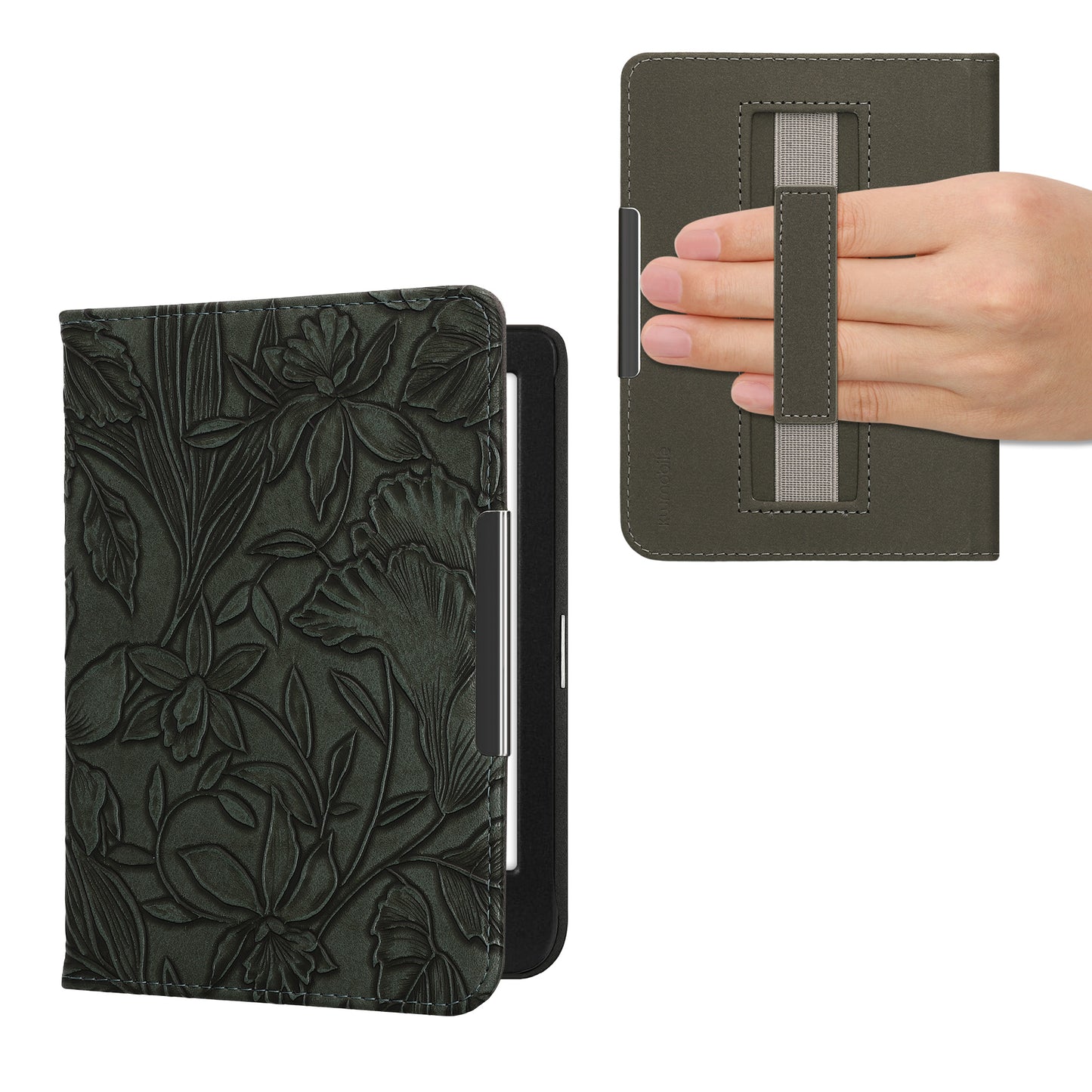 kwmobile Schutzhülle für Kobo Clara BW / Clara Colour / Tolino Shine (5) / Shine Color Hülle - eReader Flip Case mit Handschlaufe und Auto Sleep Funktion - Blumen im grünen Relief mit Grün Grün  [dsg05]