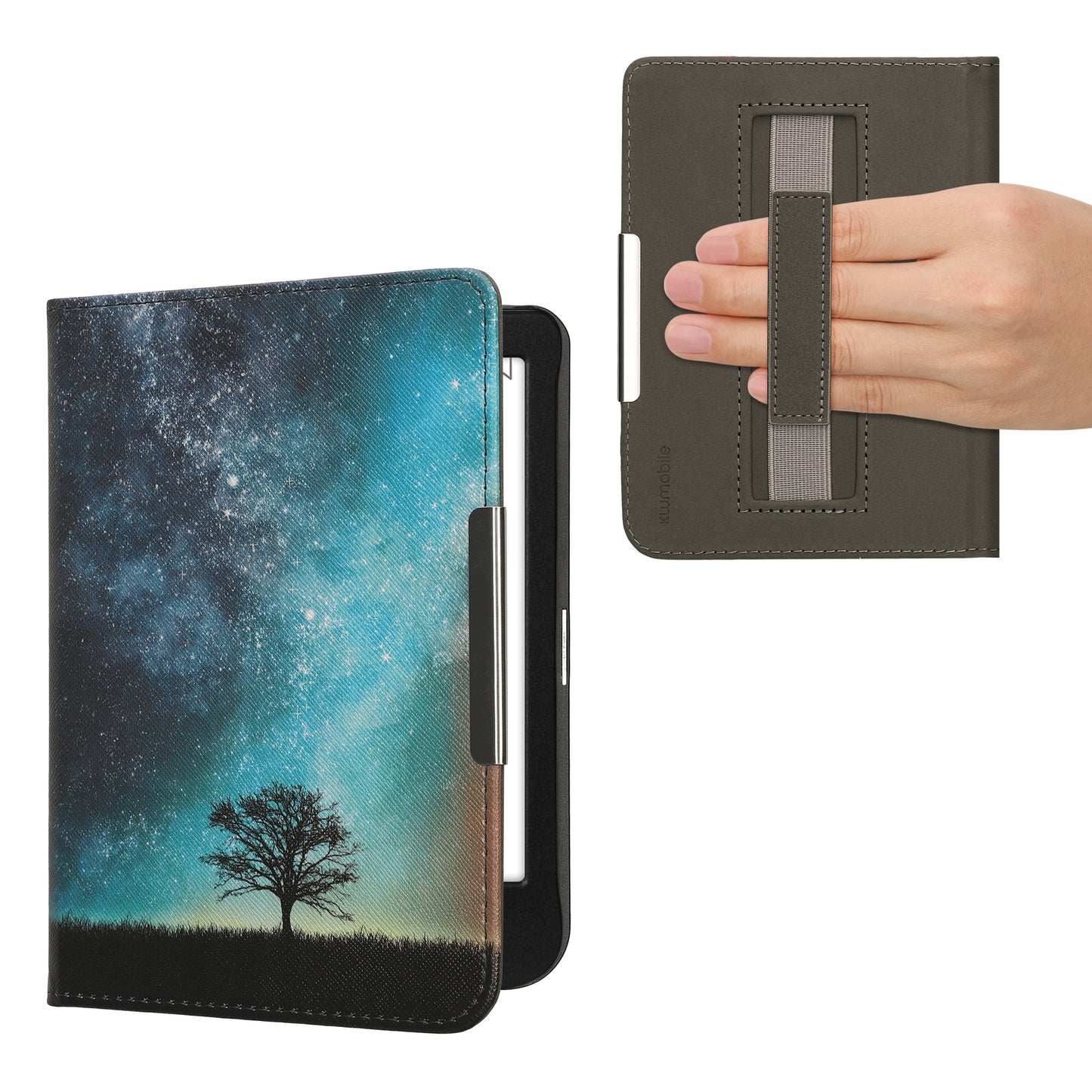kwmobile Schutzhülle für Kobo Clara BW / Clara Colour / Tolino Shine (5) / Shine Color Hülle - eReader Flip Case mit Handschlaufe und Auto Sleep Funktion - Galaxie Baum Wiese mit Blau Grau Schwarz Blau  [dsg06]