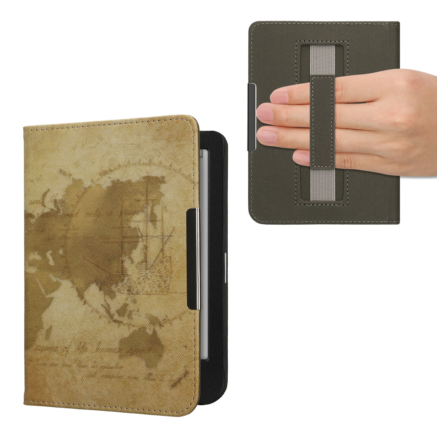 kwmobile Schutzhülle für Kobo Clara BW / Clara Colour / Tolino Shine (5) / Shine Color Hülle - eReader Flip Case mit Handschlaufe und Auto Sleep Funktion - Travel Vintage mit Braun Hellbraun Braun  [dsg09]