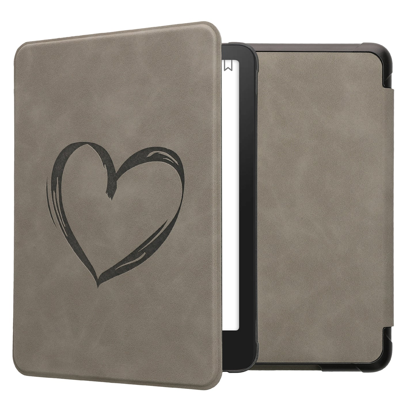 kwmobile Schutzhülle für Amazon Kindle Paperwhite (2024)/Colorsoft Hülle - eReader Case aus Kunstleder mit Auto Sleep Funktion - Herz Brush mit Grau Grau  [dsg03]