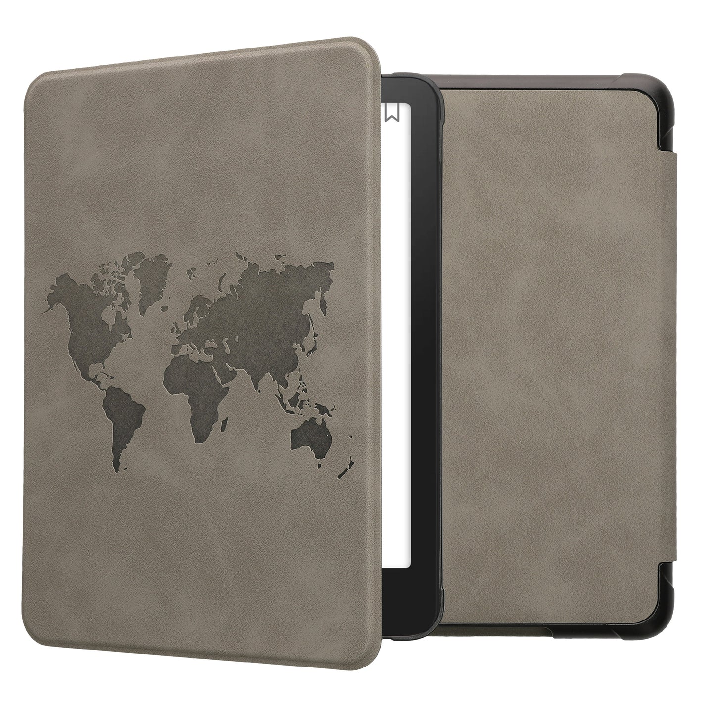 kwmobile Schutzhülle für Amazon Kindle Paperwhite (2024)/Colorsoft Hülle - eReader Case aus Kunstleder mit Auto Sleep Funktion - Travel Umriss mit Grau Grau  [dsg04]