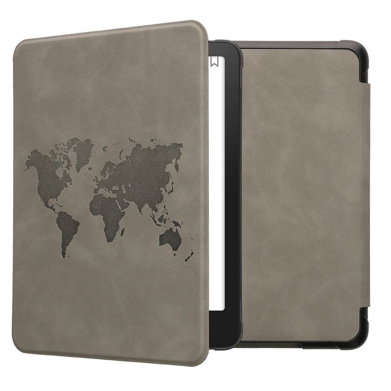kwmobile Schutzhülle für Amazon Kindle Paperwhite (2024)/Colorsoft Hülle - eReader Case aus Kunstleder mit Auto Sleep Funktion - Travel Umriss mit Grau Grau  [dsg04]