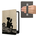 kwmobile Schutzhülle für Amazon Kindle Paperwhite (2024)/Colorsoft Hülle - eReader Flip Case mit Handschlaufe und Auto Sleep Funktion - Lesende Frau mit Schwarz Beige Schwarz  [dsg02]