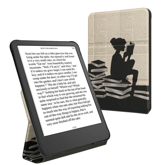 kwmobile Hülle für Amazon Kindle Paperwhite (2024)/Colorsoft Case - Schutzhülle aus Kunstleder - Cover mit Standfunktion in Schwarz Beige Lesende Frau Schwarz  [dsg01]