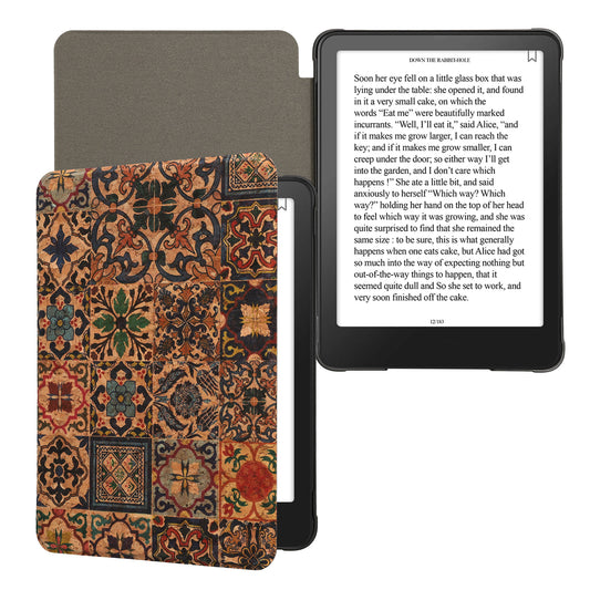 kwmobile Hülle kompatibel mit Amazon Kindle Paperwhite (2024)/Colorsoft - Kork eReader Schutzhülle Cover Case - Fliesenmuster Braun Blau Rot Braun  [dsg02]