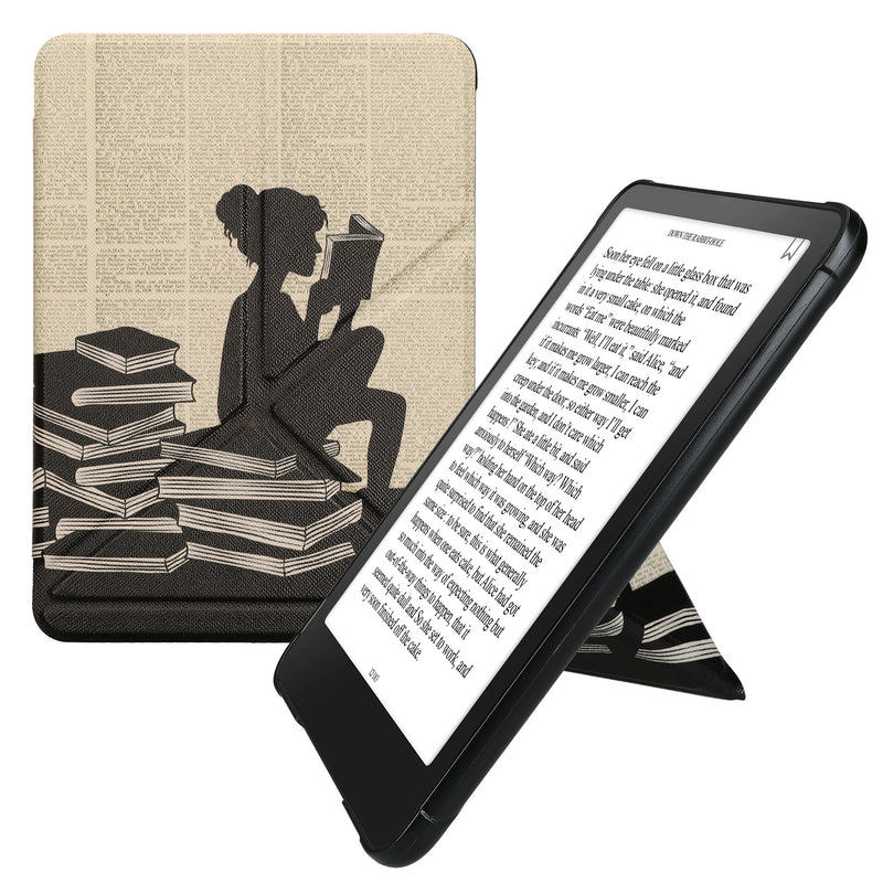kwmobile Kunstleder eReader Schutzhülle für Amazon Kindle Paperwhite (2024)/Colorsoft Hülle - Falt Cover für E-Reader in Schwarz Beige - Lesende Frau Schwarz  [dsg02]