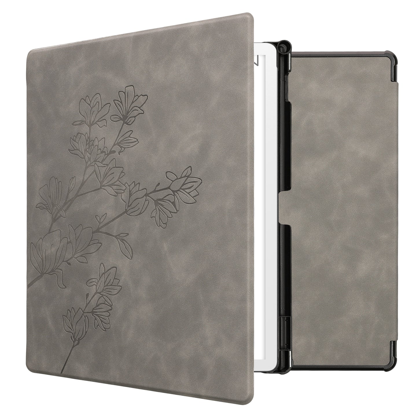 kwmobile Schutzhülle für Amazon Kindle Scribe 11" (2025) Hülle - eReader Case aus Kunstleder mit Auto Sleep Funktion - Magnolien mit Grau Grau  [dsg04]