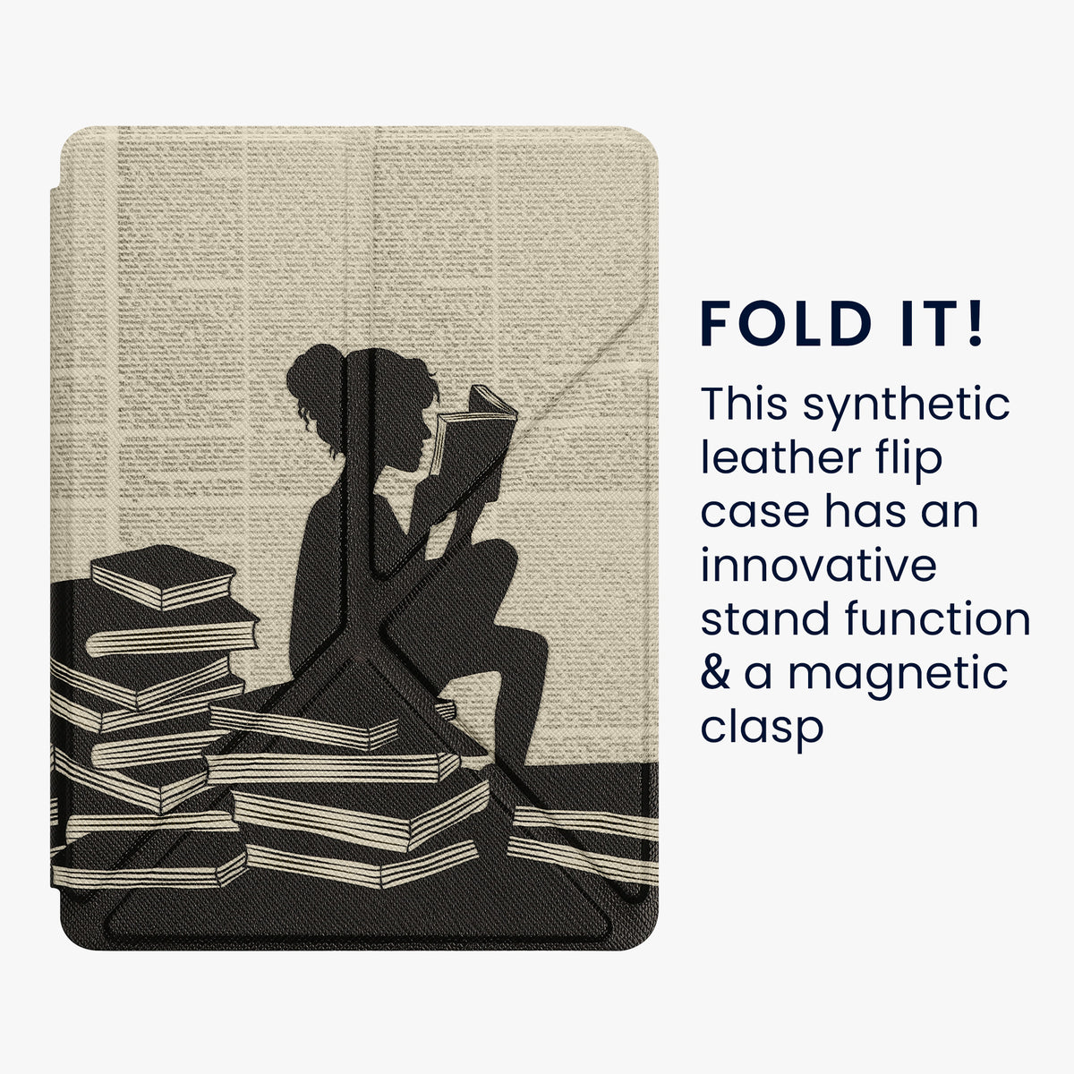 kwmobile Kunstleder eReader Schutzhülle für Kobo Aura Edition 2 Hülle - Falt Cover für E-Reader in Schwarz Beige - Lesende Frau Schwarz Lesendes Mädchen
