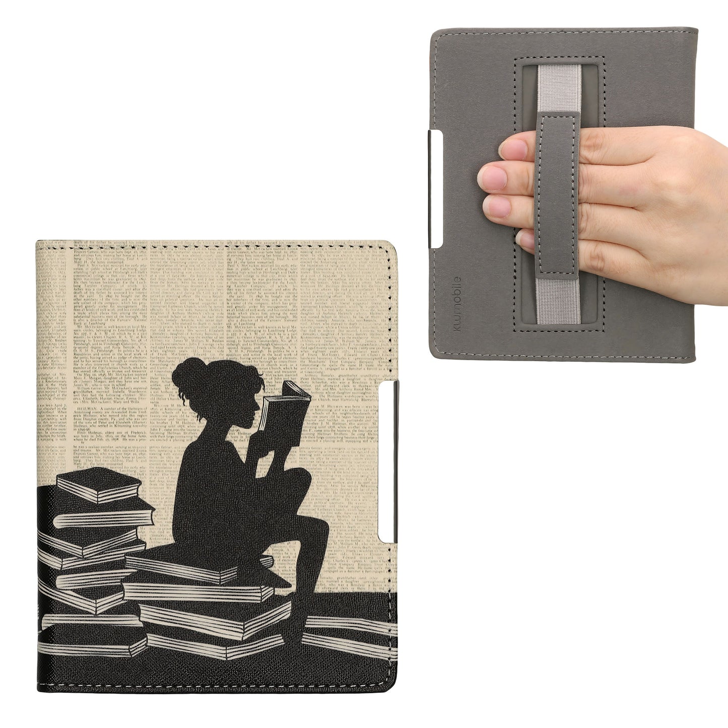 kwmobile Schutzhülle für Kobo Aura Edition 1 Hülle - eReader Flip Case mit Handschlaufe und Auto Sleep Funktion - Lesende Frau mit Schwarz Beige Schwarz  [dsg01]