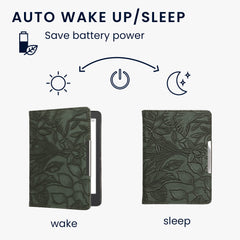 kwmobile Schutzhülle für Kobo Aura Edition 2 Hülle - eReader Flip Case mit Handschlaufe und Auto Sleep Funktion - Blumen im grünen Relief mit Grün Grün  [dsg04]