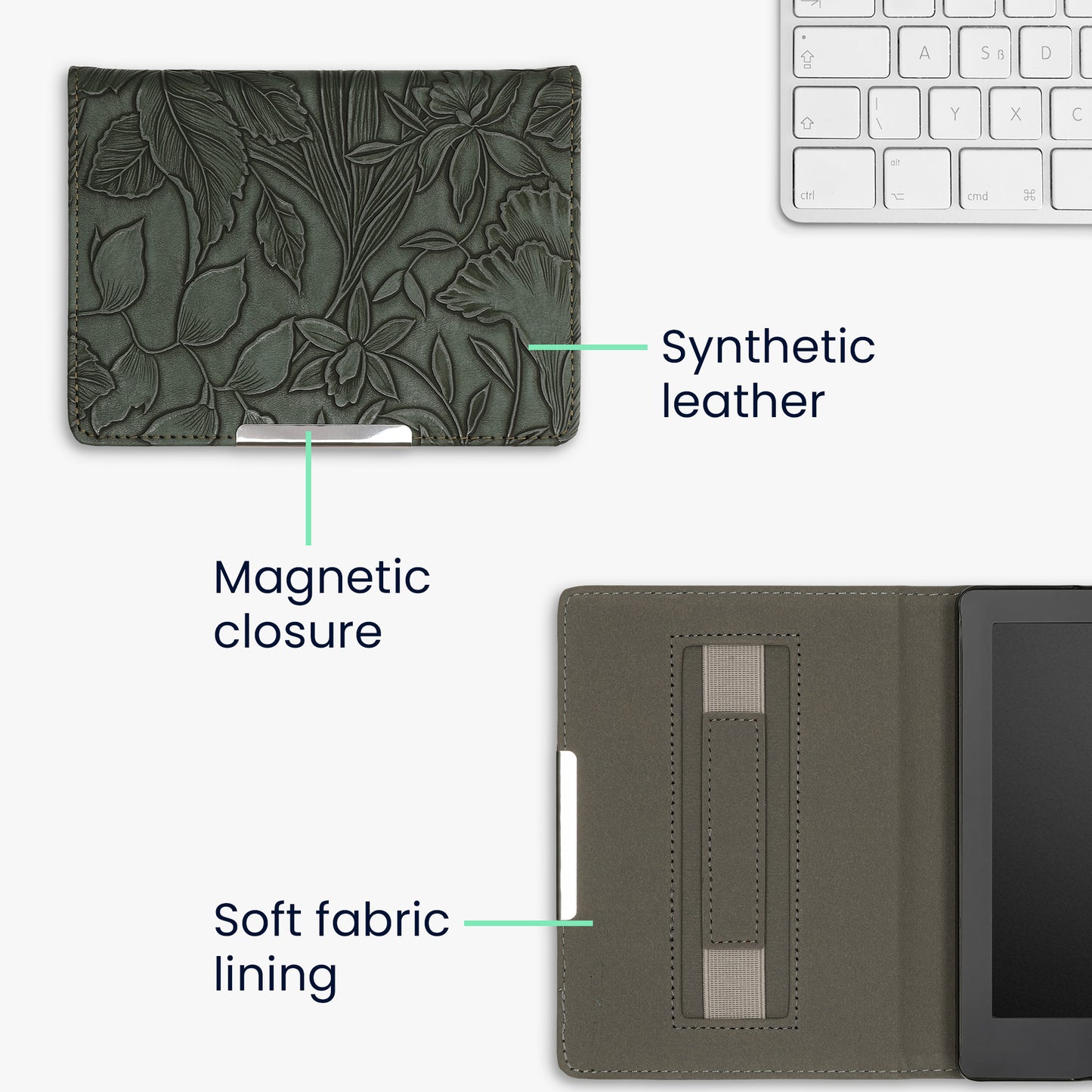 kwmobile Schutzhülle für Kobo Aura Edition 2 Hülle - eReader Flip Case mit Handschlaufe und Auto Sleep Funktion - Blumen im grünen Relief mit Grün Grün  [dsg04]