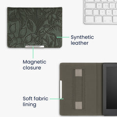kwmobile Schutzhülle für Kobo Aura Edition 2 Hülle - eReader Flip Case mit Handschlaufe und Auto Sleep Funktion - Blumen im grünen Relief mit Grün Grün  [dsg04]