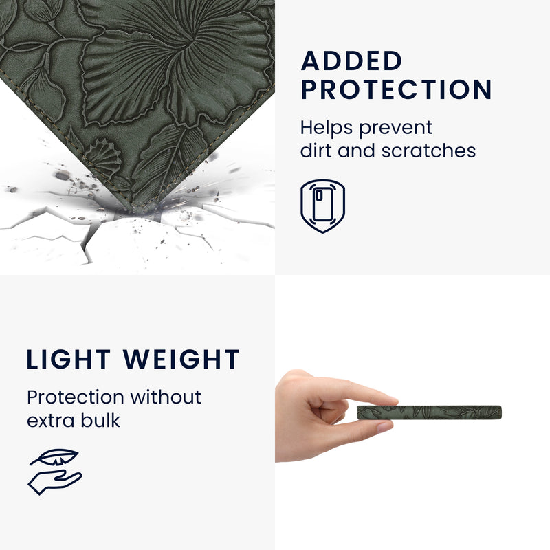 kwmobile Schutzhülle für Kobo Aura Edition 2 Hülle - eReader Flip Case mit Handschlaufe und Auto Sleep Funktion - Blumen im grünen Relief mit Grün Grün  [dsg04]
