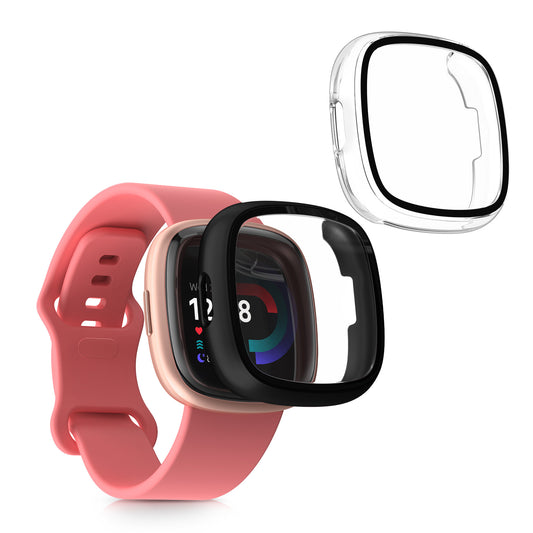 kwmobile 2x Glas Hülle für Fitbit Versa 4 / Sense 2 Schutzhülle - Fullbody Fitnesstracker Case Set aus Glas - Transparent Schwarz Transparent  [dsg02]