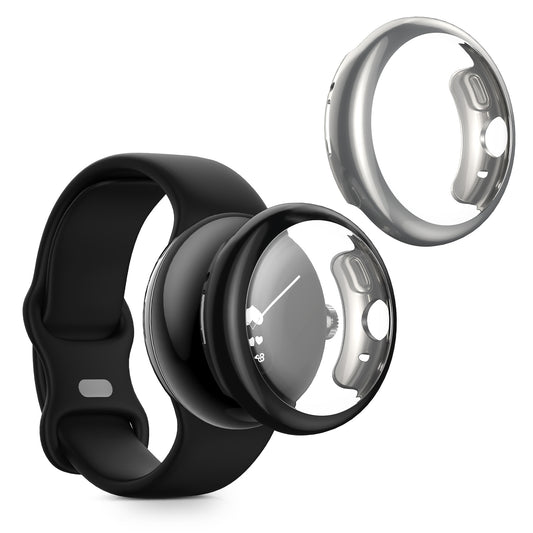kwmobile 2x Silikon Hülle für Google Pixel Watch 2 / Pixel Watch 1 Schutzhülle - Fullbody Display Cover Set aus Silikon - Schwarz Silber Schwarz  [dsg03]