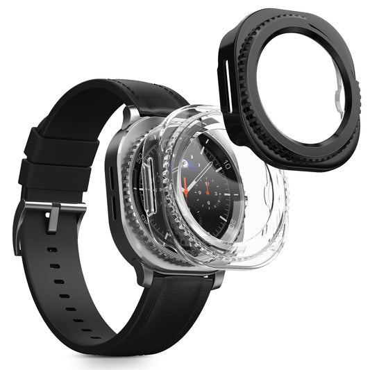 kwmobile 2x Glas Hülle für Samsung Galaxy Watch 8 Classic (46mm) Schutzhülle - Fullbody Fitnesstracker Case Set aus Glas - Transparent Schwarz Transparent  [dsg01]