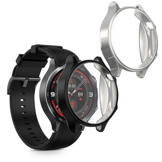 kwmobile 2x Silikon Hülle für OnePlus Watch 3 / Oppo Watch X2 Schutzhülle - Fullbody Display Cover Set aus Silikon - Schwarz Silber Schwarz  [dsg02]