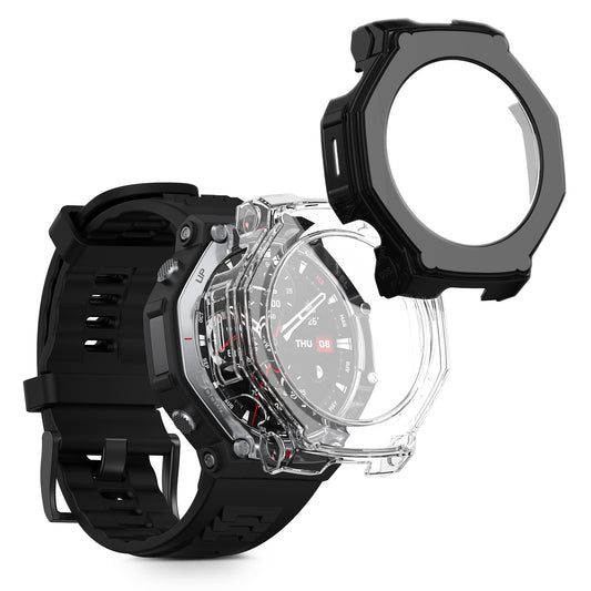 kwmobile 2x Glas Hülle für Amazfit T-Rex3 Pro 48mm Schutzhülle - Fullbody Fitnesstracker Case Set aus Glas - Transparent Schwarz Transparent  [dsg01]