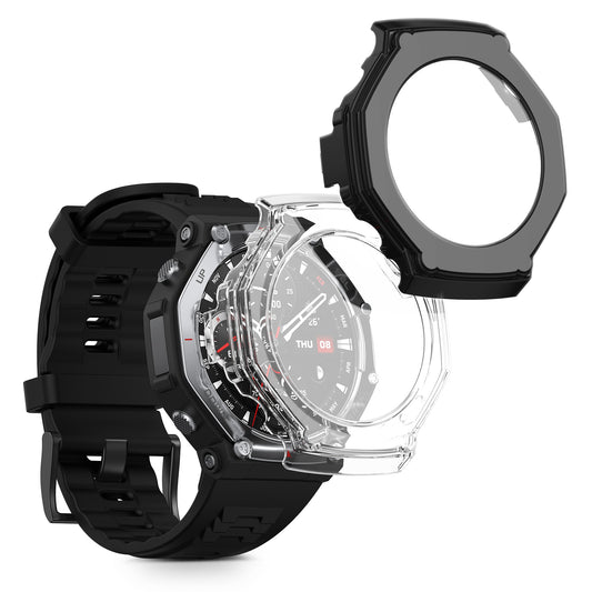 kwmobile 2x Glas Hülle für Amazfit T-Rex 3 Schutzhülle - Fullbody Fitnesstracker Case Set aus Glas - Transparent Schwarz Transparent  [dsg01]