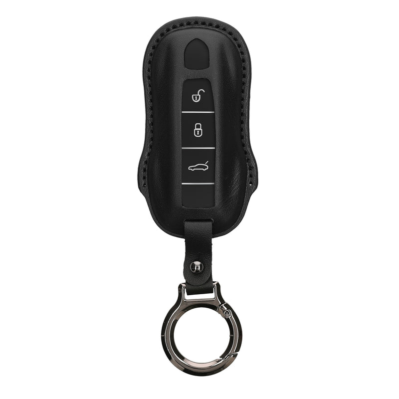 Porsche 3-Tasten Autoschlüssel (nur Keyless) Echtleder Schlüsselhülle Slim mit Schlüsselring Schwarz