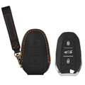 Peugeot Citroen 3-Tasten Smartkey Autoschlüssel (nur Keyless Go) Echtleder Schlüsselhülle mit Stickerei mit Schlüsselring Schwarz