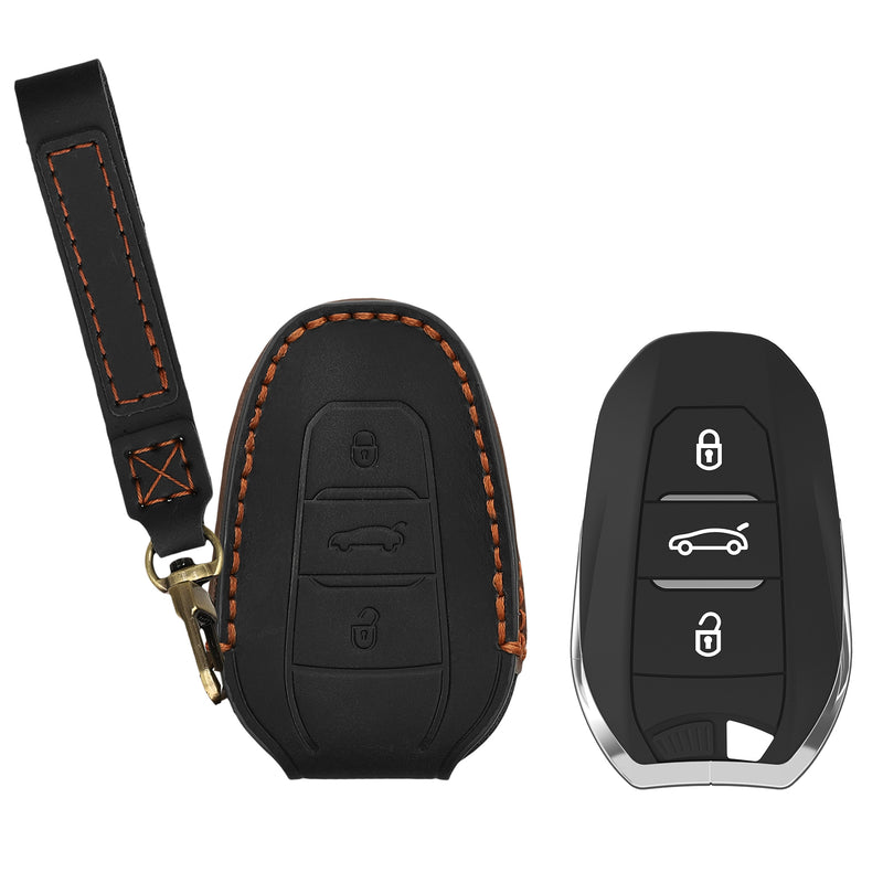 Peugeot Citroen 3-Tasten Smartkey Autoschlüssel (nur Keyless Go) Echtleder Schlüsselhülle mit Stickerei mit Schlüsselring Schwarz