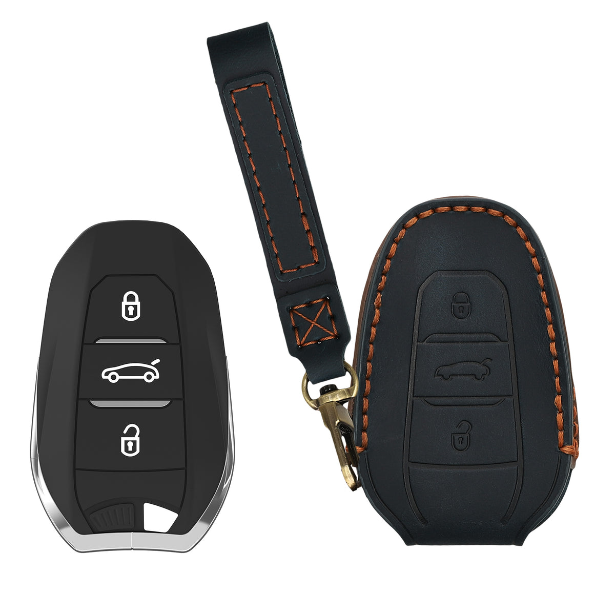 Peugeot Citroen 3-Tasten Smartkey Autoschlüssel (nur Keyless Go) Echtleder Schlüsselhülle mit Stickerei mit Schlüsselring KWM000041LZ002C