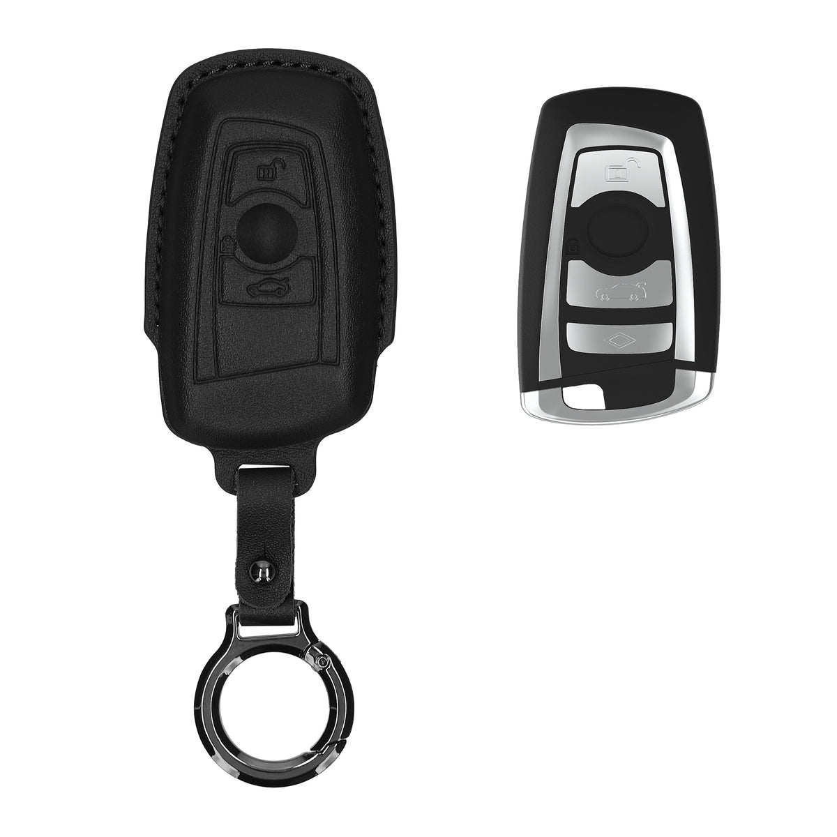 BMW 3-Tasten Funk Autoschlüssel (nur Keyless Go) Echtleder Schlüsselhülle Slim mit Schlüsselring Schwarz