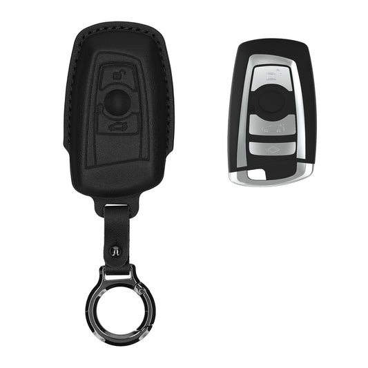 BMW 3-Tasten Funk Autoschlüssel (nur Keyless Go) Echtleder Schlüsselhülle Slim mit Schlüsselring Schwarz