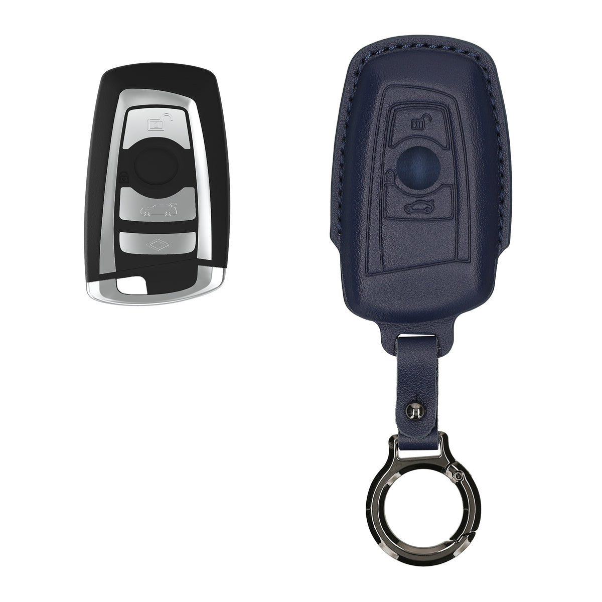 BMW 3-Tasten Funk Autoschlüssel (nur Keyless Go) Echtleder Schlüsselhülle Slim mit Schlüsselring KWM000041MF002C