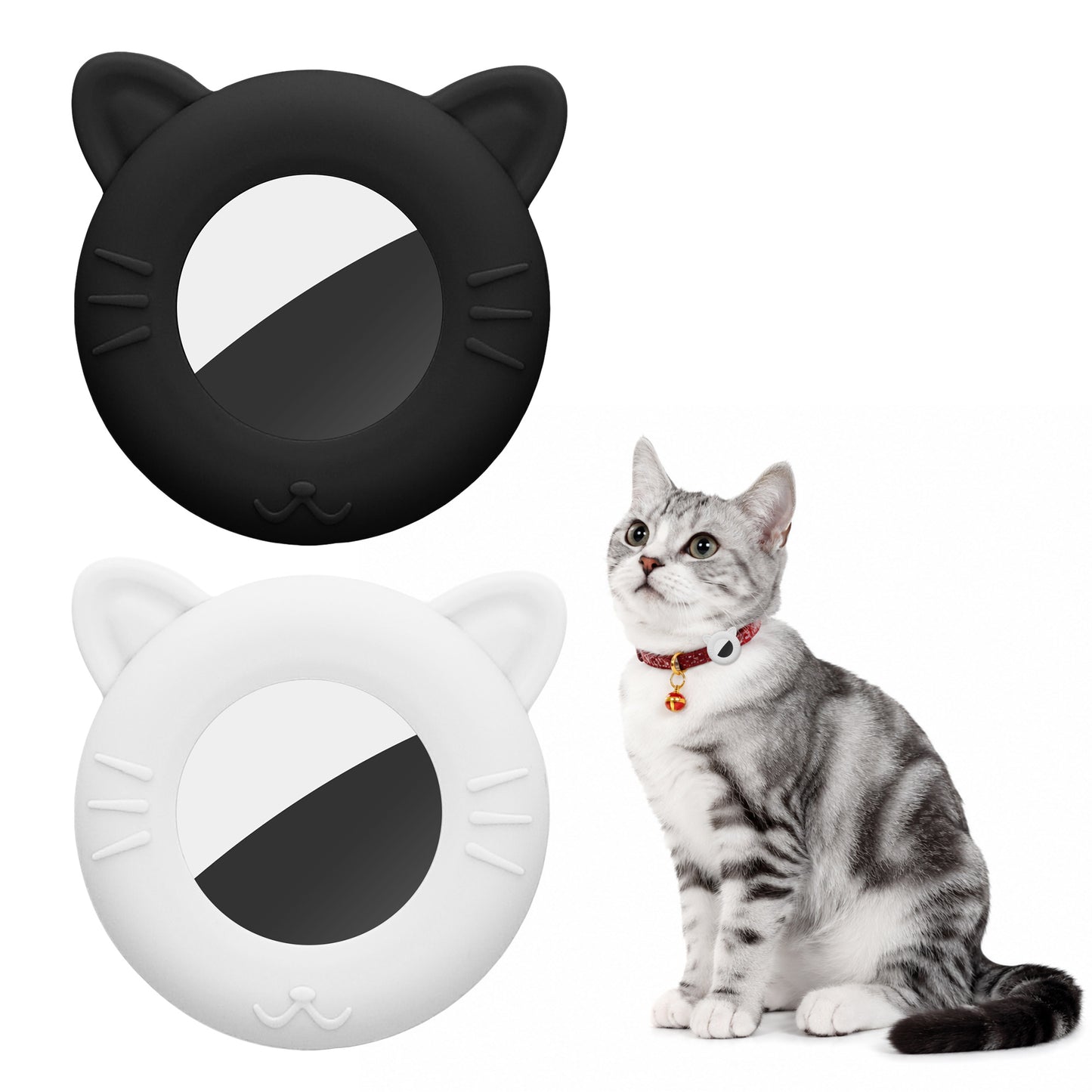 kwmobile 1x Katzen Tracker Case kompatibel mit Apple AirTag Hülle - Katzenohr-Design Cover Set für Smarttag - ideal für Tier Halsbänder - Schwarz Weiß Schwarz